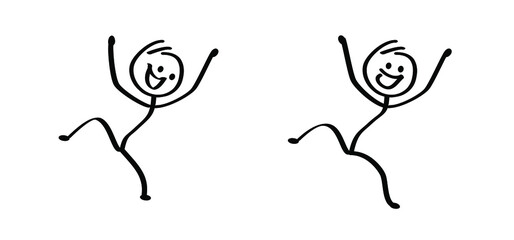 Jump, spring, jumping happy smile stickman. Funny comic walk stick figures man, woman Vector cartoon drawing talking cartoon person.