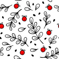 Cute Christmas seamless pattern with mistletoe leaves and holly berries. Great for winter theme wrapping paper, fabric, textile, wallpaper. Nature motive. New year  cartoon vector background.