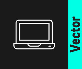 White line Laptop icon isolated on black background. Computer notebook with empty screen sign. Vector