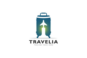Travelia Logo, Travel Logo with Suitcase and Airplane Icons Joining to Form Legs that Interpret a Trip. Design Vector Icon Illustration.