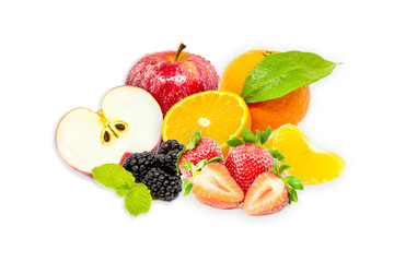 Closeup shot of fresh fruits and berries. Isolated on white background