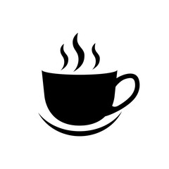 Icono de taza de café caliente. Concepto de bebida caliente. Ilustración vectorial estilo silueta negra