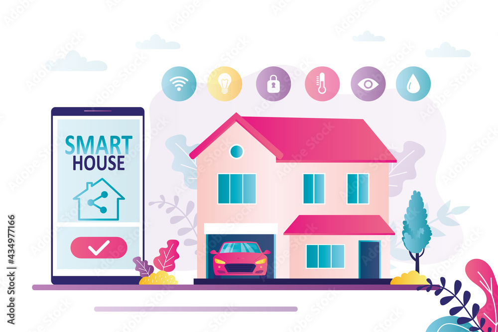 Wall mural mobile phone with smart home app. various web icons. smart house building. house with automated home