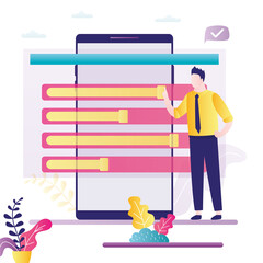 Male character adjusts settings in smartphone. Mobile phone screen with control panel and sliders