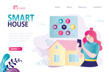 Female character controls smart home through app. Remote control of smart home via mobile phone