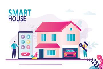 Obraz premium Man controls smart home through app on smartphone. Different smart house functions on phone screen