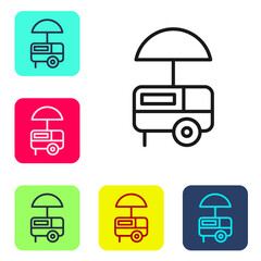 Black line Fast street food cart with awning icon isolated on white background. Urban kiosk. Ice cream truck. Set icons in color square buttons. Vector