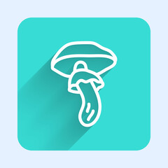 White line Psilocybin mushroom icon isolated with long shadow. Psychedelic hallucination. Green square button. Vector