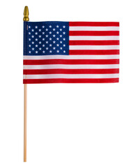 American Flag. Traditional USA flag made with textile on wooden stick. US starry striped patriotic symbol. United States Holidays. 4th of July Independence Day. Object on white isolated background. 