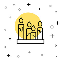 Black line Burning candle icon isolated on white background. Cylindrical aromatic candle stick with burning flame. Happy Halloween party. Random dynamic shapes. Vector