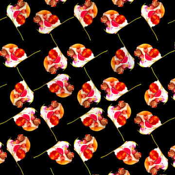 seamless flower pattern of dried flowers, spring-summer black background with flowers. Exotic wallpaper, orange, white, red. Kaleidoscope pattern, asymmetry. Print, layouts