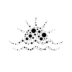A large sunrise at sea symbol in the center made in pointillism style. The center symbol is filled with black circles of various sizes. Vector illustration on white background