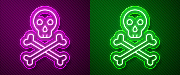 Glowing neon line Skull on crossbones icon isolated on purple and green background. Happy Halloween party. Vector