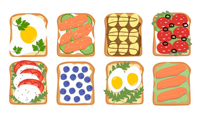 Set of sandwiches with different ingredients. Flat vector illustration isolated on white background. Slices of bread with avocado, eggs, vegetables and fruits…