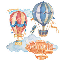 Balloon derivable set large vintage retro typewriter small train trailer tree ribbon for inscription transport watercolor illustration hand-drawn clipart baby cute pictures for nursery print fabric ba