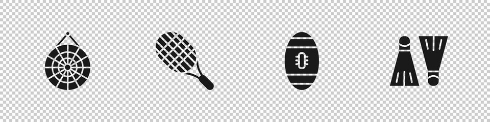 Set Classic dart board, Tennis racket, American Football ball and Rubber flippers for swimming icon. Vector