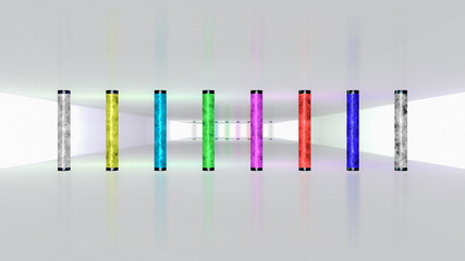 3d rendering of a white and reflective futuristic room with eight colored tubes corresponding to the colors bars and with the reflection on the background wall of the smoke and colored rays