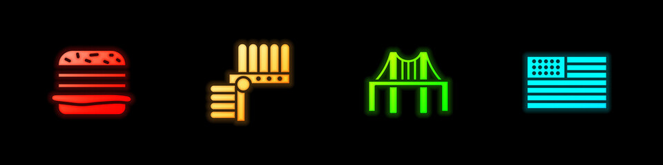 Set Burger, Indian headdress with feathers, Golden gate bridge and American flag icon. Vector