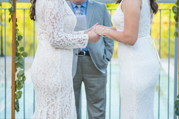 Same sex lgbt lesbian gay women exchanging rings during wedding ceremony - two brides
