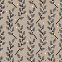 Seamless pattern of drawn laurel twigs. Dark floral background. Vector illustration