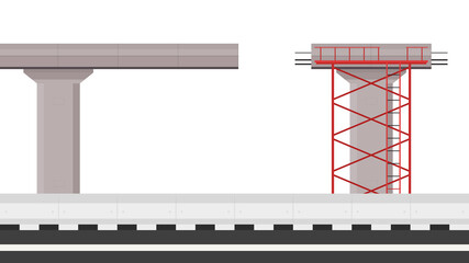 Road side vector. Scaffolding vector. Bridge pillar. Construction. Bridge posts under construction. Road fence. Bridge over the way.
