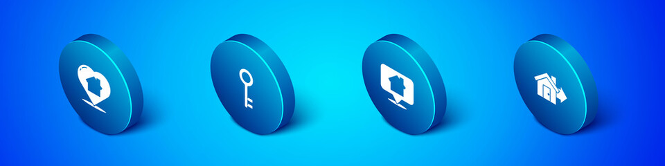 Set Isometric House with heart shape, Location house, Sale and key icon. Vector