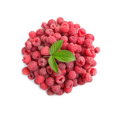 Fresh red raspberries with green leaf close up. sweet ripe Raspberry berries pile isolated on white background. vitamins healthy organic food. top view