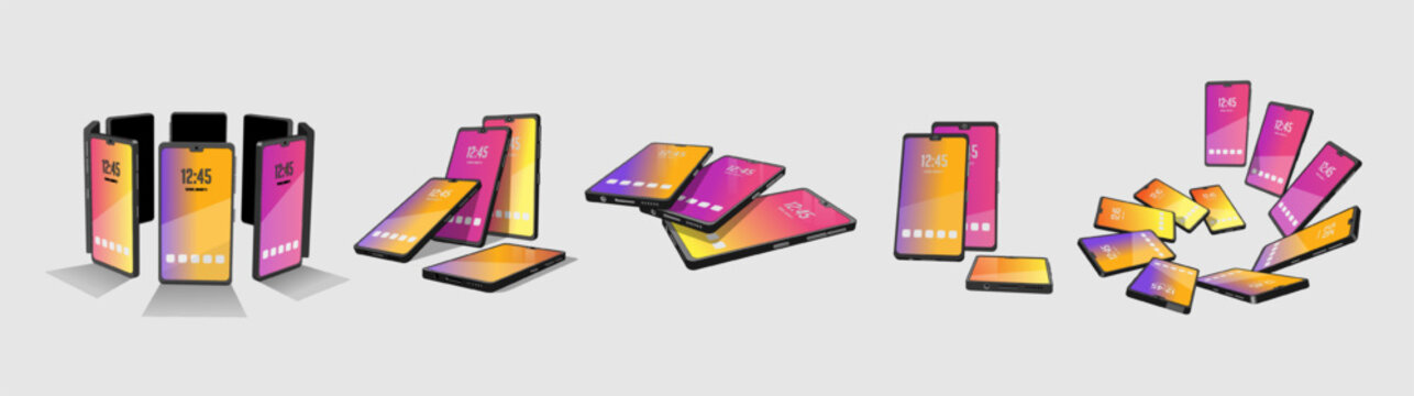 Set of a group of 3d models cell phones. Smartphones in different shapes and forms. 3d models elements for your design in vector. Creative pictures for your banner, cellular advertising poster