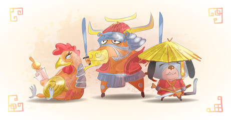 Obraz na płótnie Canvas Chinese zodiac animals cartoon set of dog bull rooster isolated cartoon hand drawn vector illustration. Ox, cock, dog characters