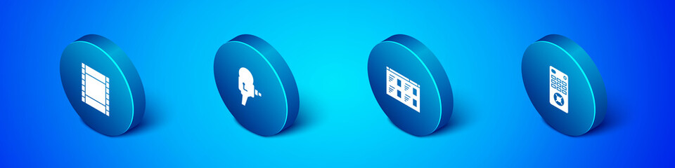 Set Isometric Play Video, Online play video, Remote control and Retro cinema camera icon. Vector