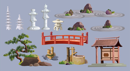 Ancient japan culture objects set with pagoda, temple, ikebana, bonsai, trees, stone, garden, japanese lantern, watering can isolated vector illustration. Japan vector set collection