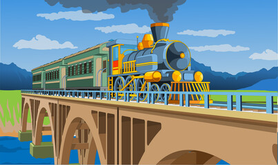 Vector coloful page with 3d model train on the bridge. Beautiful vector illustration with train travel. Vintage retro train graphic vector