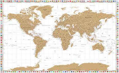 Fototapeta na wymiar World Map - Golden Sepia Map on White Background. Flags included. Vector Setailed