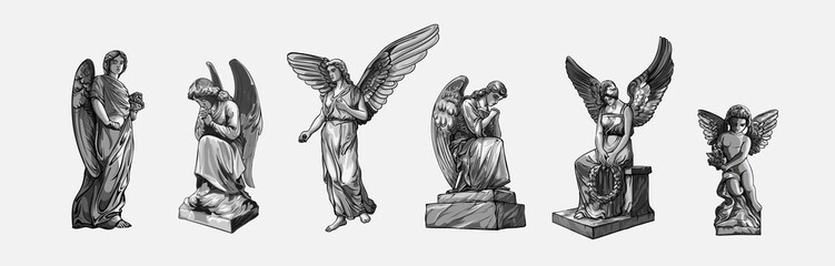 Fototapeta Set off Crying praying Angels sculptures with wings. Monochrome illustration of the statues of an angel. Isolated. Vector illustration obraz