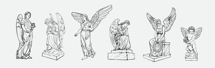 Set off Crying praying Angels sculptures with wings. Coloring page of the statues of an angel. Silhouettes of angel statues. Isolated. Vector illustration