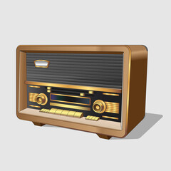 Vector neat accurate illustration of vintage old radio. Classic old radio in a wooden case. Realistic retro old radio on white background. Isolated