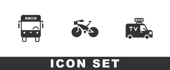 Set Bus, Bicycle and TV News car icon. Vector