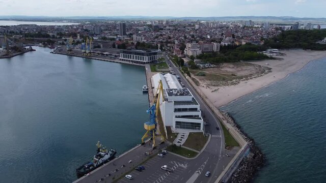 Aerial view of city of Burgas, View of Burgas Bay and the seaport of Burgas, Bulgaria.
