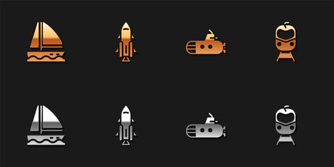 Set Yacht sailboat, Rocket ship with fire, Submarine and Train and railway icon. Vector