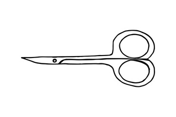 Doodle vector hand drawn manicure scissors. Hand and nail care. Vector illustration isolated on white background. Beauty procedure, sterile, work place, fingernail, manicure tools.