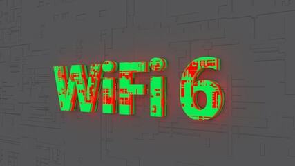 Colorful WiFi 6 symbol with green light flashing on abstract background. 3D rendering.