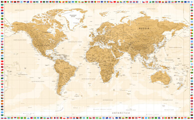 Golden Physical World Map and All Flags of the World. Vector Illustration.