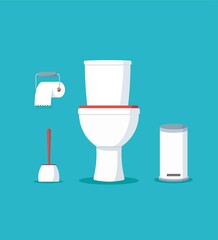 Ceramic toilet bowl with paper roll and brush. Interior for bathroom or wc. Sanitary washroom on isolated background. Flat vector illustration