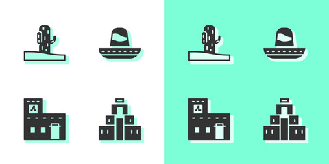 Set Chichen Itza in Mayan, Cactus, Mexican house and sombrero icon. Vector