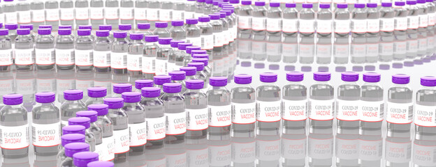 Obraz premium Vaccine. Many disposable vials on the table of Covid-19 coronavirus vaccine. Medicine infectious concept. 3d rendering