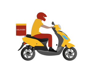 Obraz na płótnie Canvas Online order and food express delivery concept. Courier by scooter. Delivery service concept. Flat design. Yellow and red colors. Stock vector illustration on isolated background.