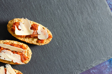 Three toasts with sobrasada and cheese