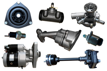 Auto spare parts car on the white background. Set with many isolated items for shop or aftermarket.