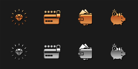 Set Diamond, Credit card with lock, Wallet money and Piggy bank coin icon. Vector