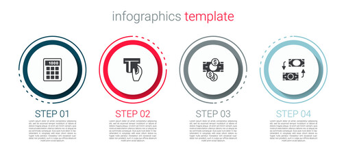 Set Calculator, Credit card inserted, Stacks paper money cash and Money exchange. Business infographic template. Vector